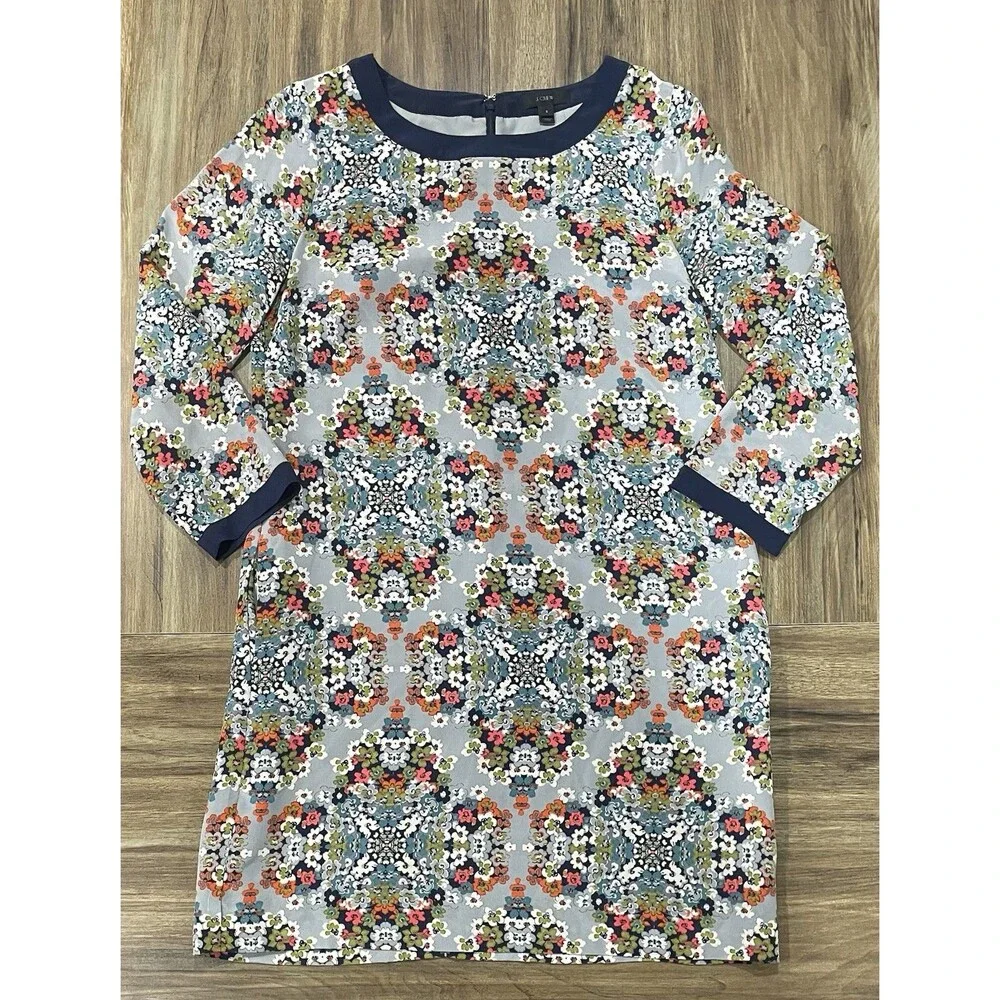 J.CREW Womens Silk Gray Misty Fog Floral Navy Trim 3/4 Sleeve Shift Dress Sz 6